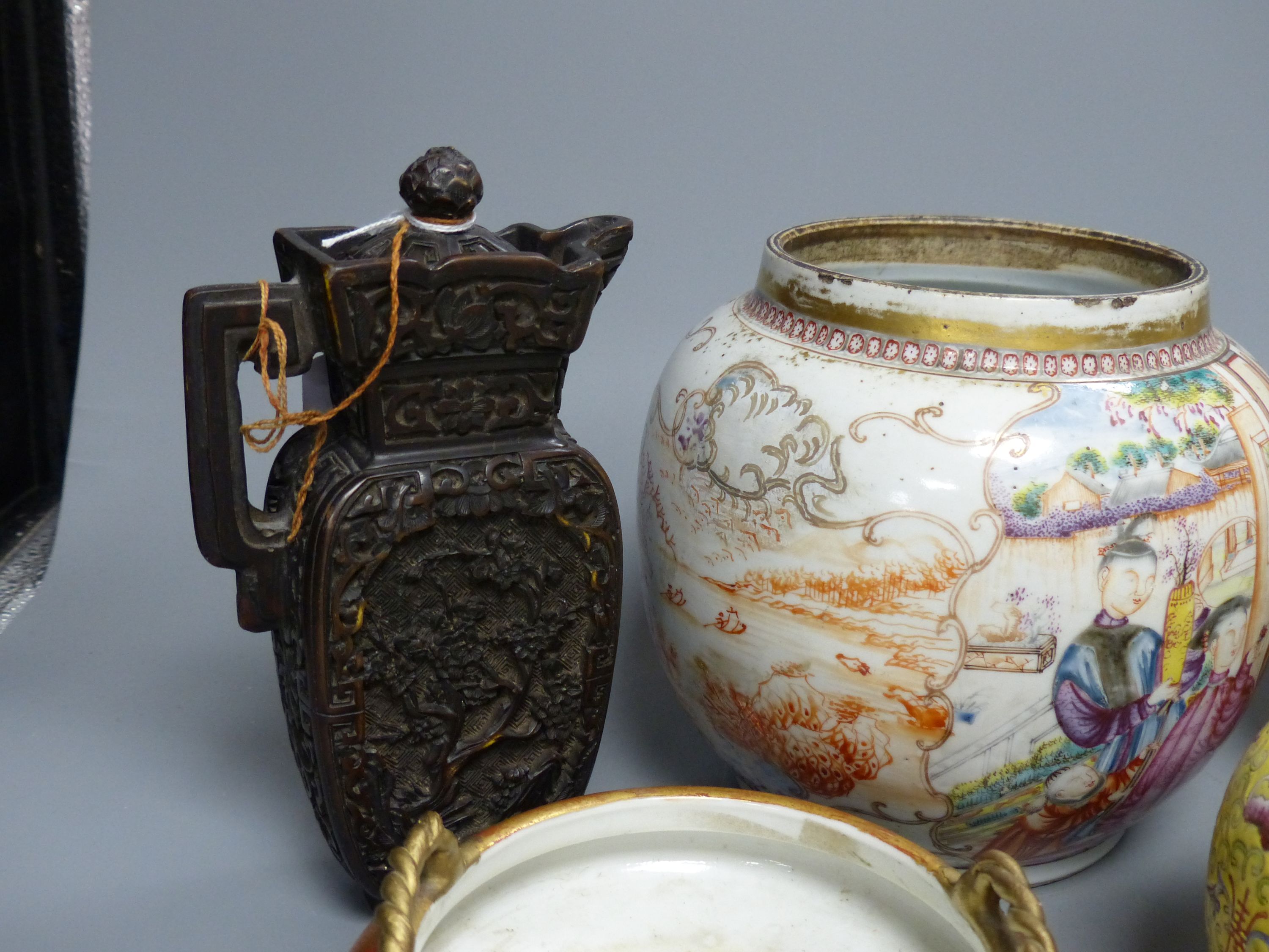 A group of mixed Chinese/Japanese ceramics to include three various jars, a vase, a censer and a lacquer jug, tallest 23cm